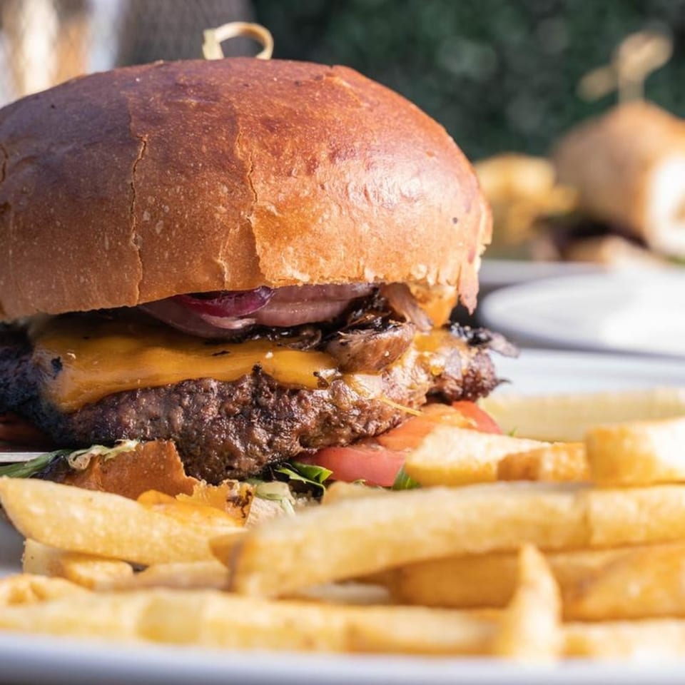 Close-up of a Wildfire Public House burger with cheese, caramelized onions, and fries.